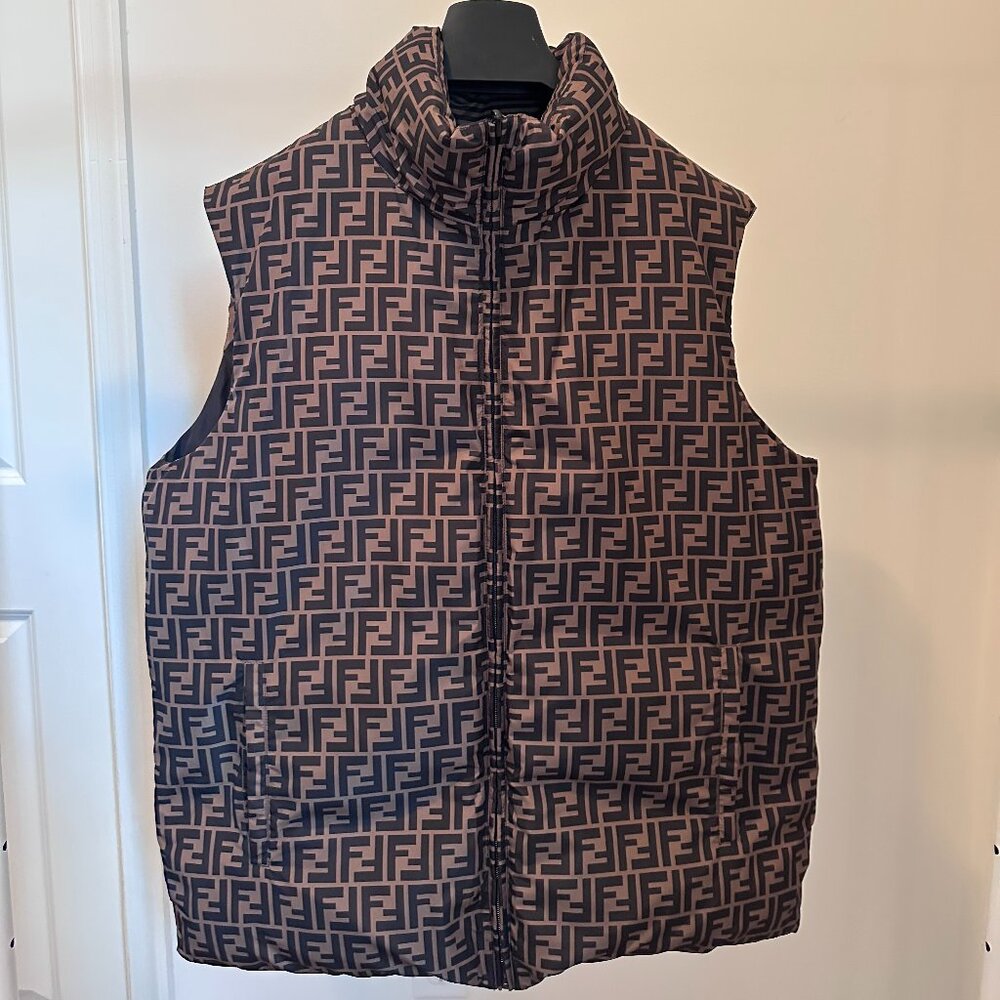 Men's Fendi Logo Down Reversible Vest Gilet - Size 54 XXL. Brown